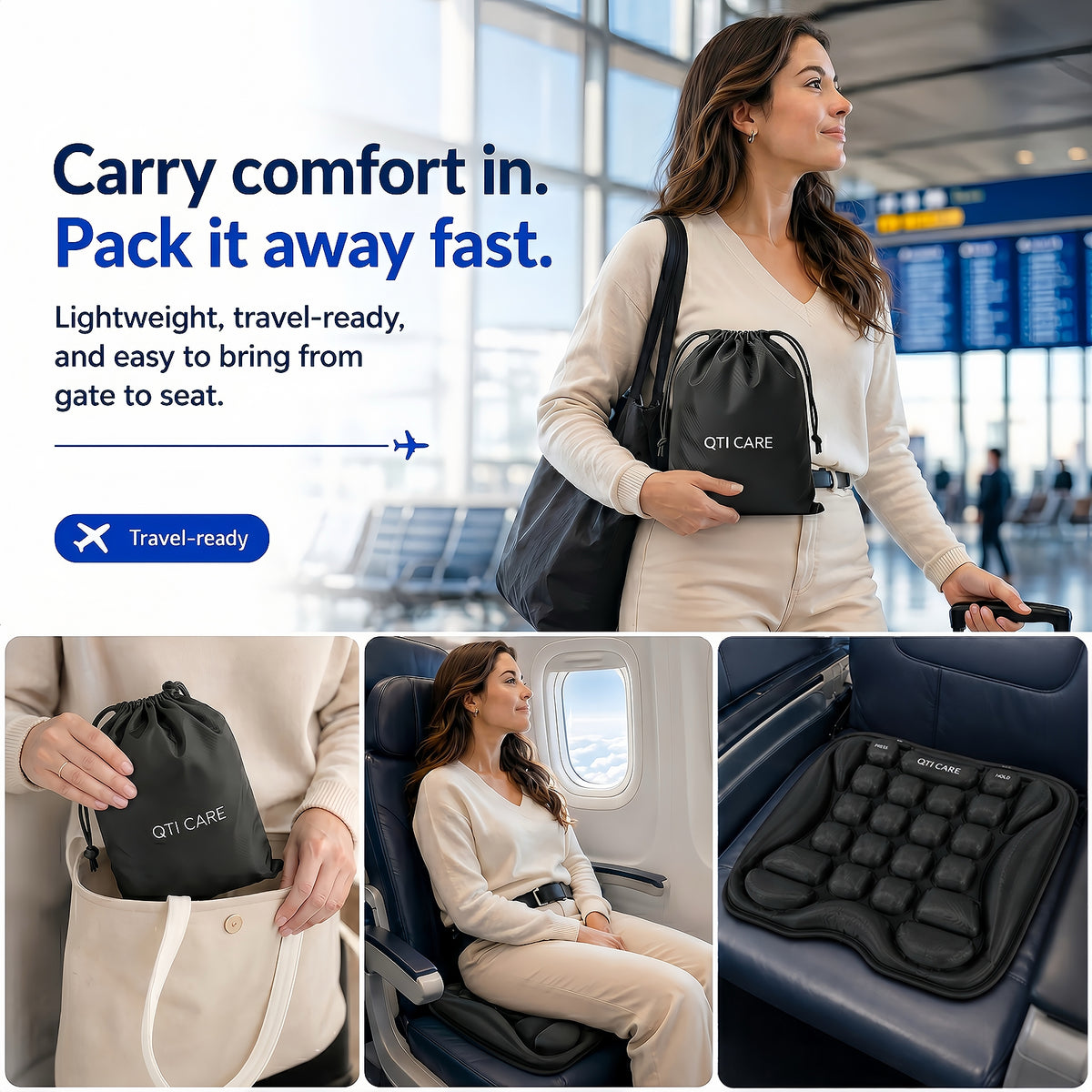 Packable Qticare airplane seat cushion for easy air travel