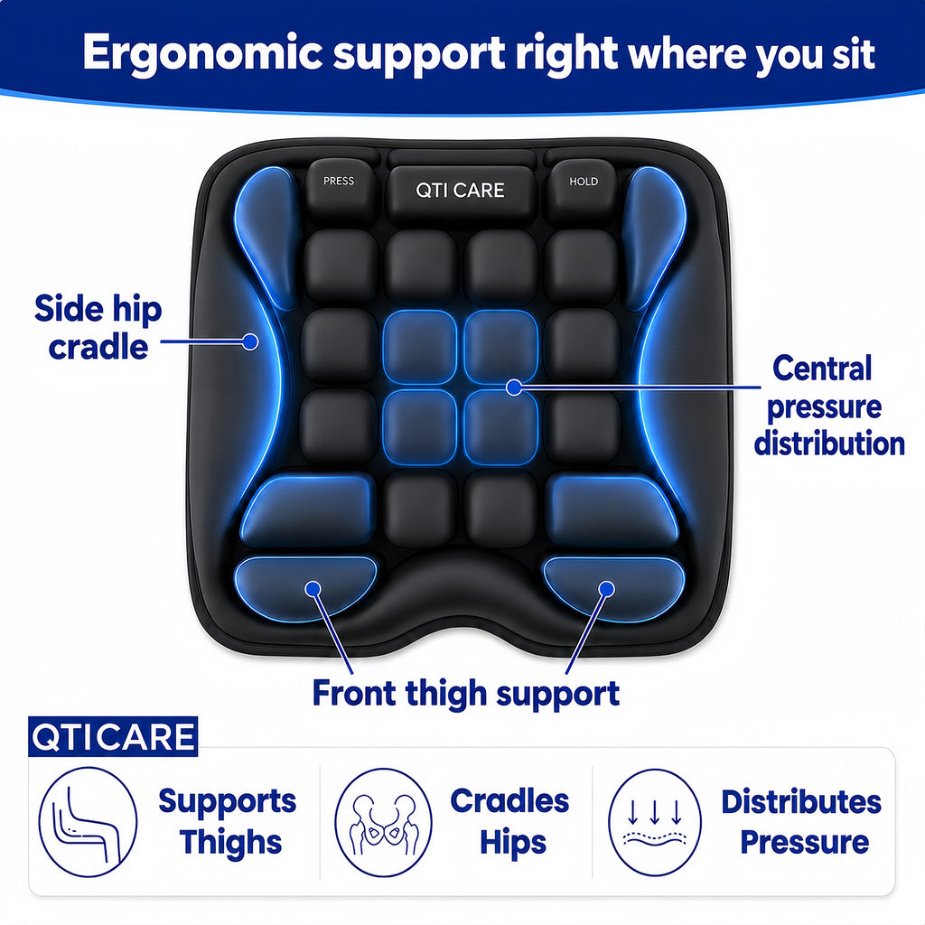 Ergonomic air-cell support zones on Qticare airplane seat cushion