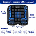Ergonomic air-cell support zones on Qticare airplane seat cushion