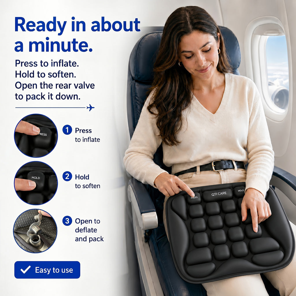 How to inflate and deflate the Qticare travel seat cushion on a flight